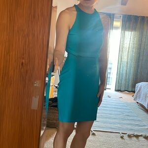 Bebe sleeveless dress triangle open low back in teal